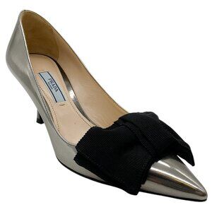Prada Silver Metallic Leather Pumps with Black Grosgrain Ribbon Bow